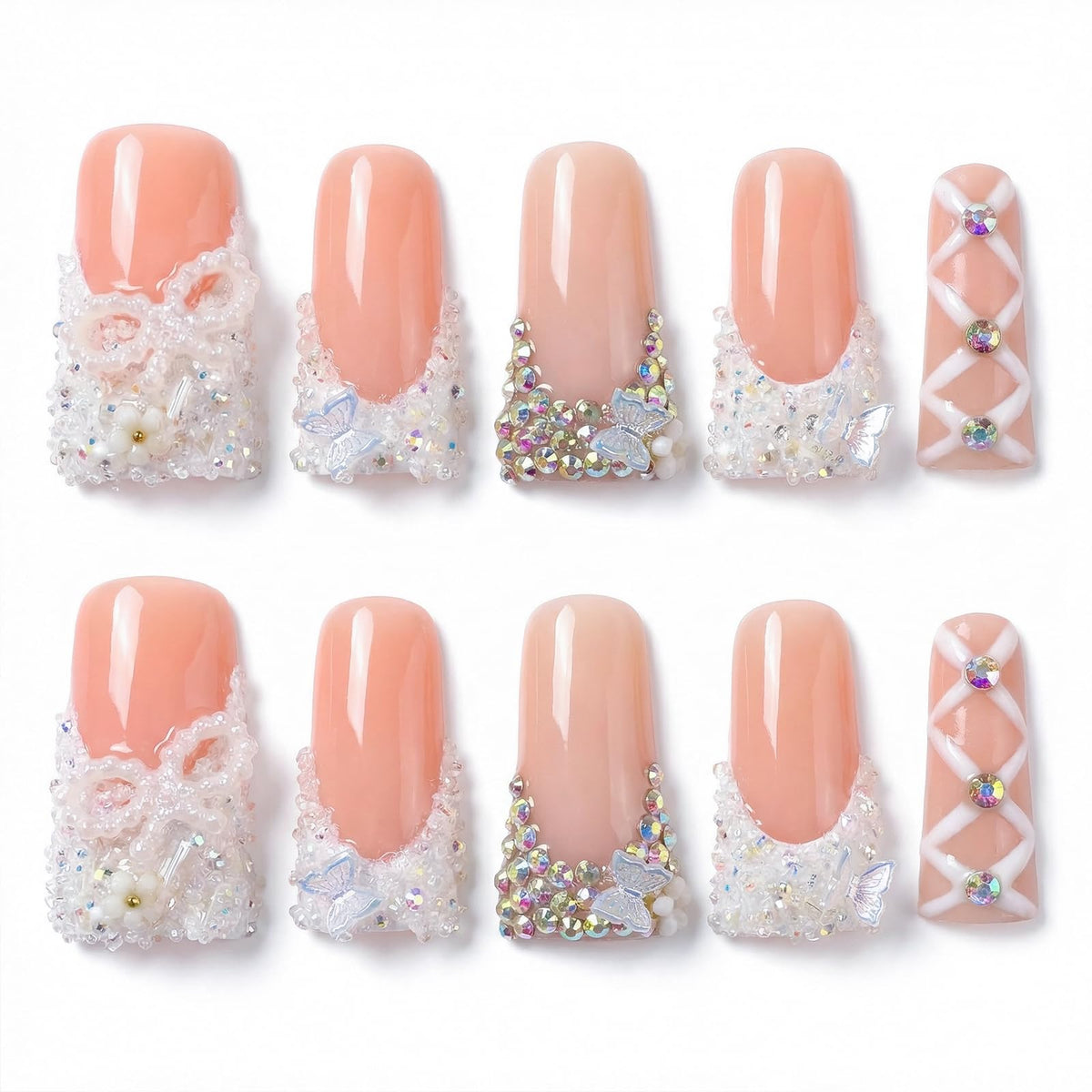 Handmade Long Duck Press on Nails - Luxury Crystal French Tip False Nails with Rhinestones, Diamond Jelly Pink Fake Nails, 10 Pack Gel Nails for Women (Size M)