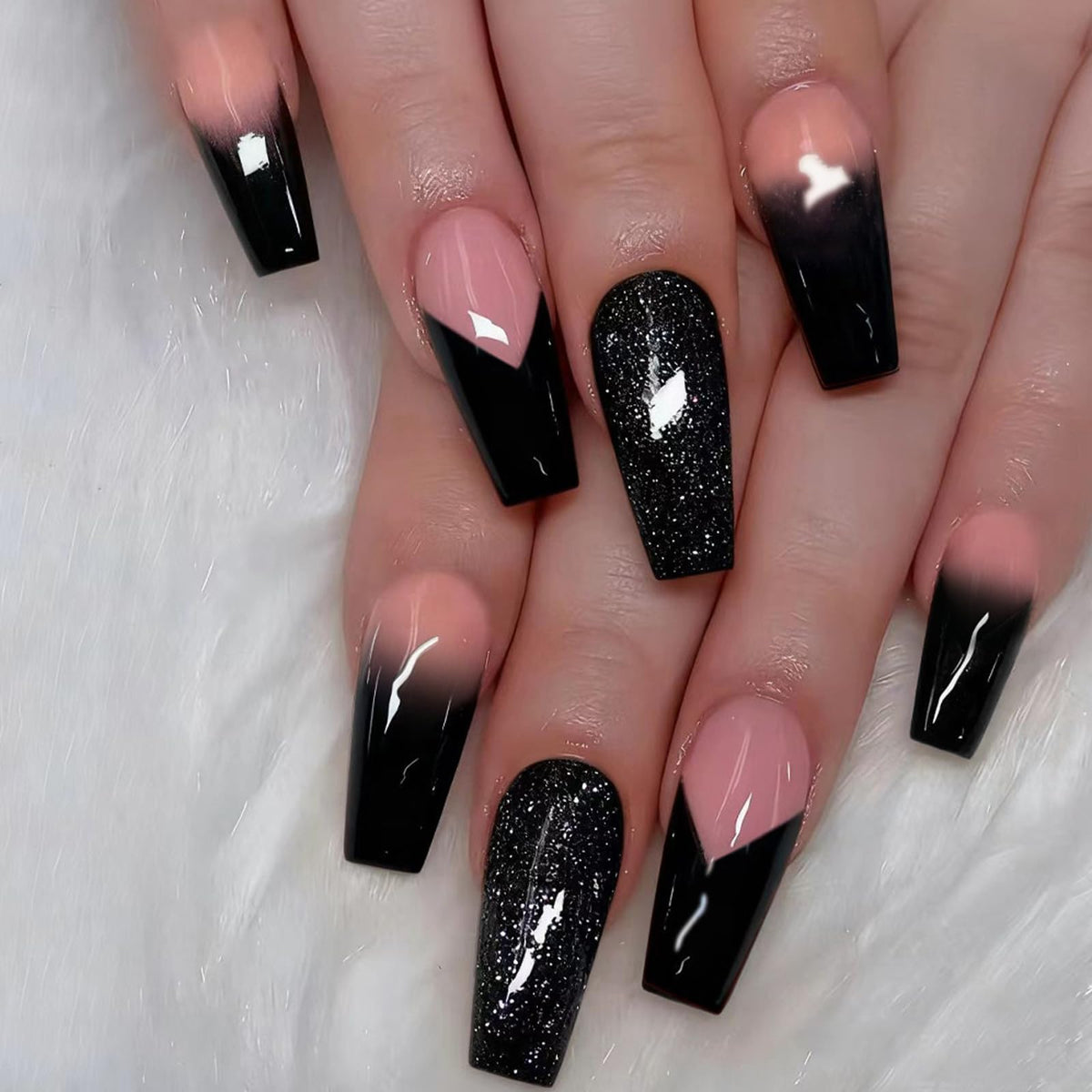 IMSOHOT Long Press on Nails Coffin Glitter Fake Nails Shiny Pink Rhinestone Full Cover False Nails Luxury Ballerina Artificial Acrylic Glue on Nails for Women 24Pcs