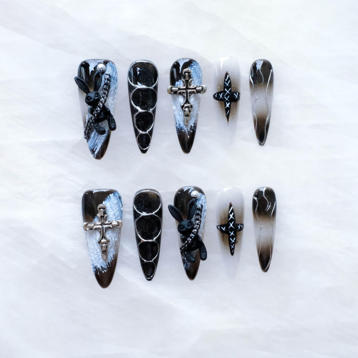 Luxury Handmade Press On Nails, Vintage Bohemian Style, Long Stiletto Shape, Crystal Heart Gems, Gold Stars Design, 10 Pieces (Large, LS)