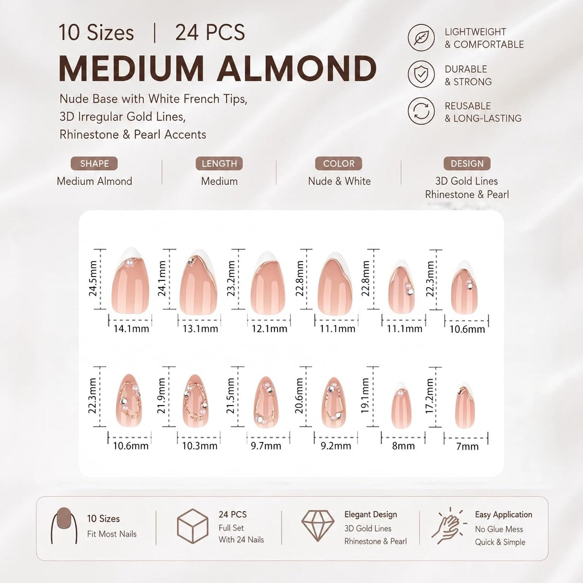 Nude Pearl Gold French Press on Nails Medium Almond Fake Nails Kit 24PCS