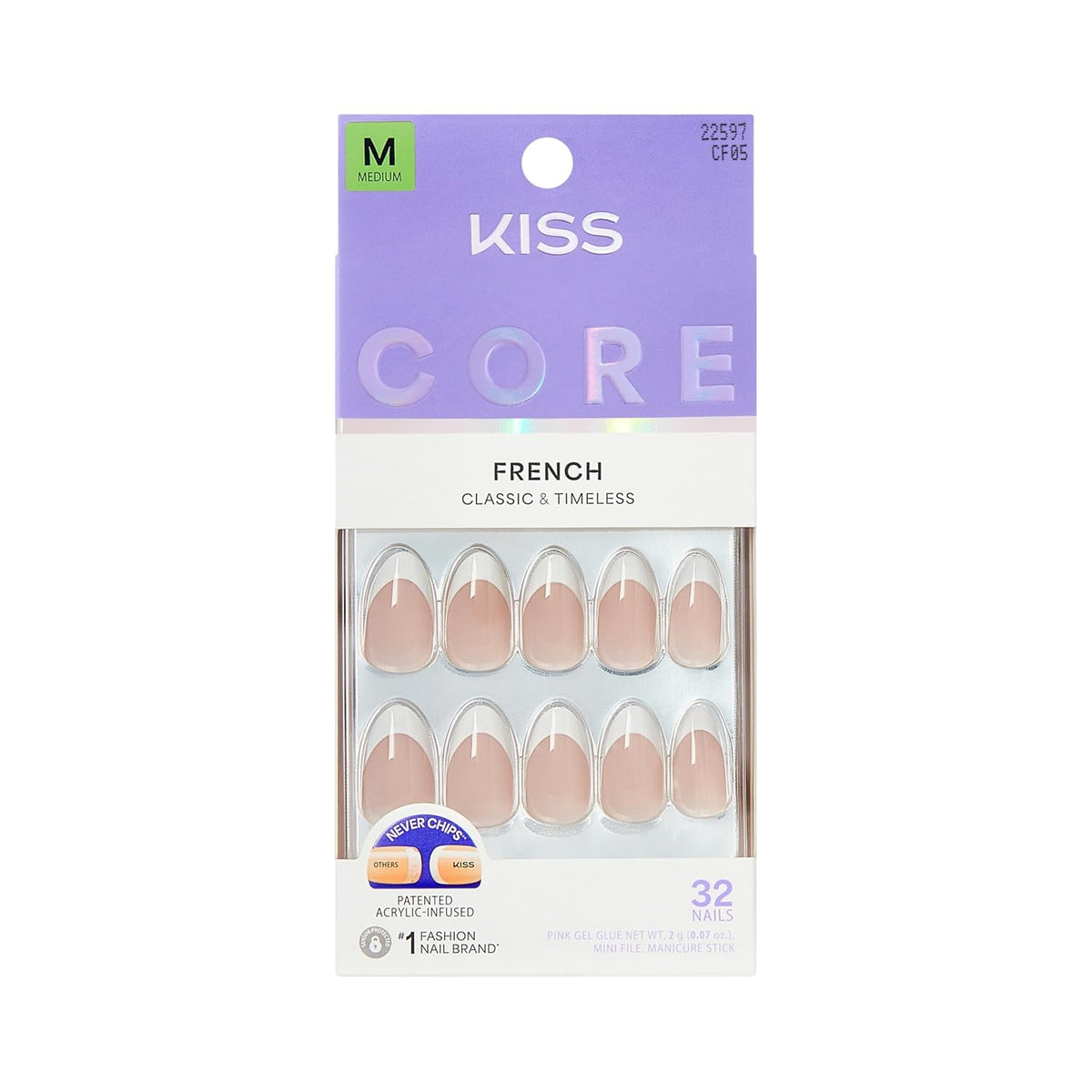 Kiss Core, Press On Nails, Nail glue included, 'Curiosity', White, Medium Size, Almond Shape, Includes 32 Nails, 2g Glue, 1 Manicure Stick, 1 Mini File