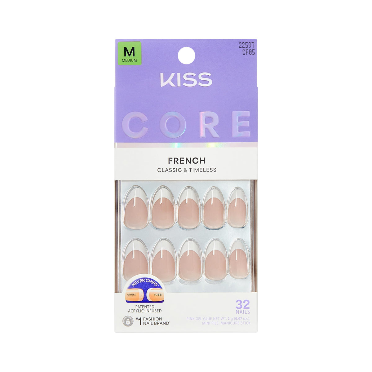 Kiss Core, Press On Nails, Nail glue included, 'Curiosity', White, Medium Size, Almond Shape, Includes 32 Nails, 2g Glue, 1 Manicure Stick, 1 Mini File