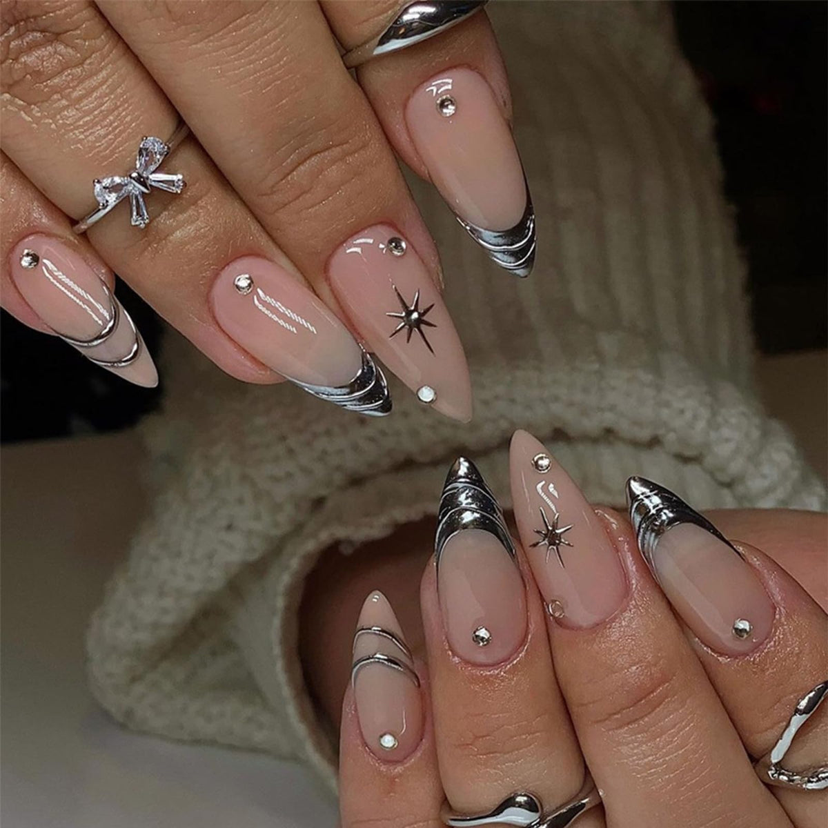 IMRAIN Medium Almond Silver Glitter French Tips False Nails with Rhinestone Designs - Glossy Full Cover Glue on Artificial Stiletto Nude Nails for Women Girls - 24 Pcs
