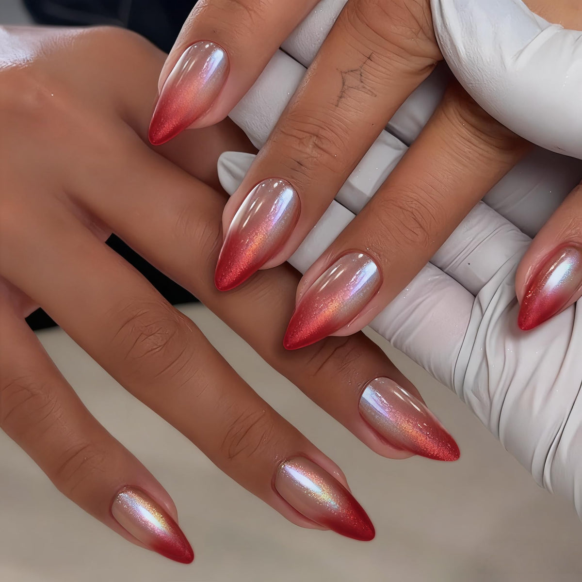 White French Tip Press On Nails Almond - KQueenest Chrome Press On Nails Medium, Glazed Natural Light Nude Fake Nails Press on, Reusable Glue on Nails Stick On Nail for Women Bridal Wedding