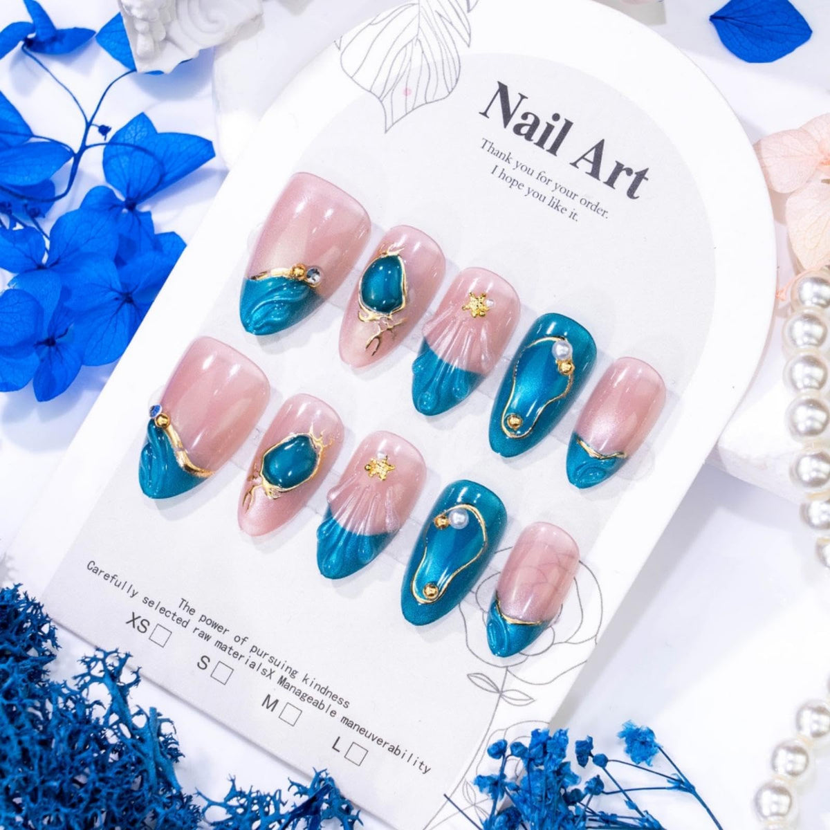 3D Handmade Pink Flower Press on Nails Blue French Tip Almond Fake Nails with Gold Metal Charms Luxury Reusable Full Cover Pink Acrylic Nails Press on for Women 24Pcs