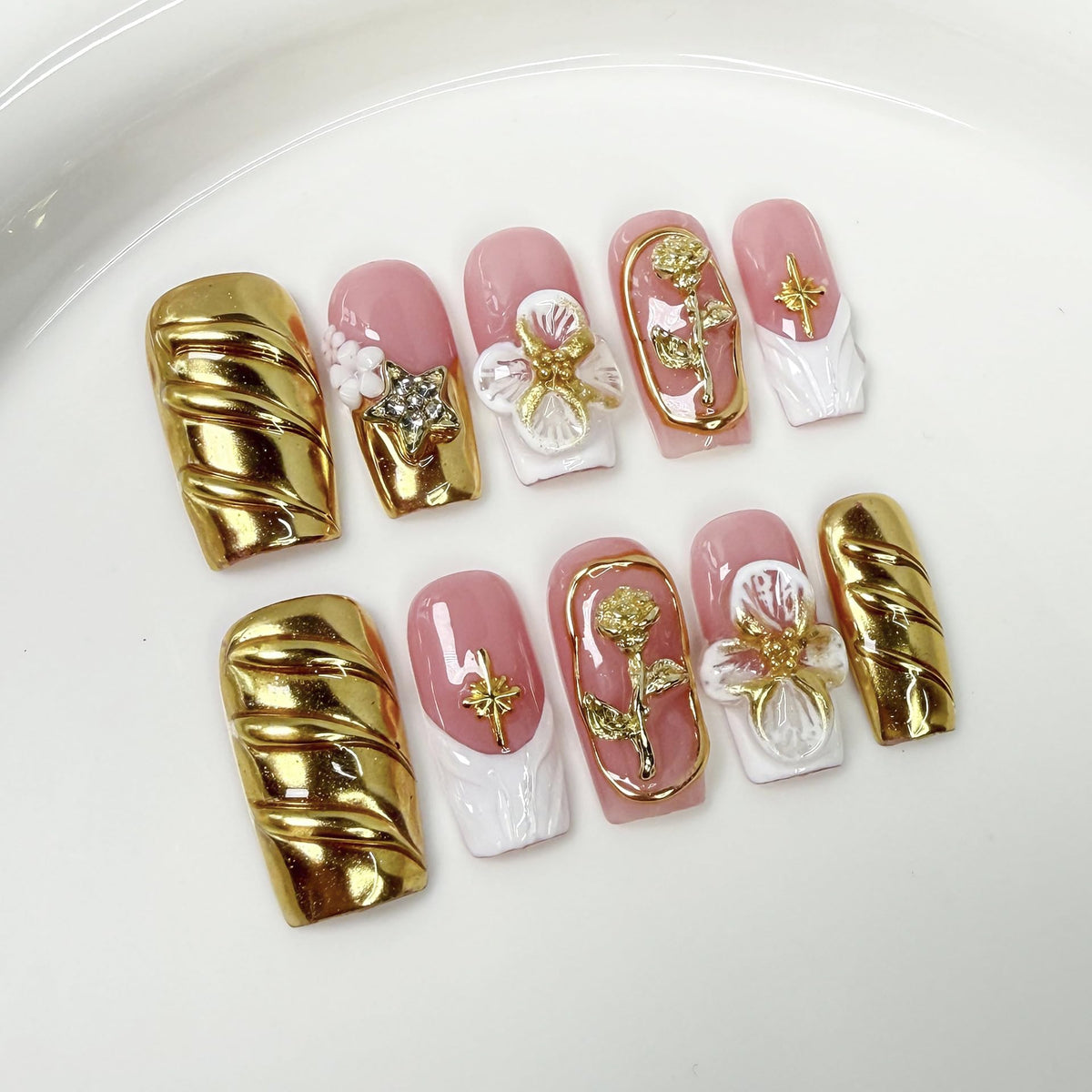 Star Moon Press on Nails Long Stiletto Fake Nails Pure Handcrafted Nail Mirror Effect Glue on Nails Glitter False Nail with Design Rhinestone Stick on Nail for Women Girls Luxury Manicure (M)