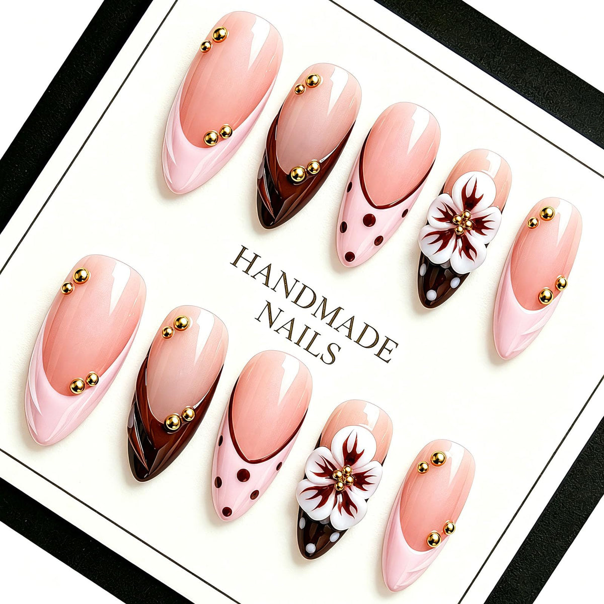 Handmade Almond Press on Nails, Abstract 3D Floral Gold, 10Pcs
