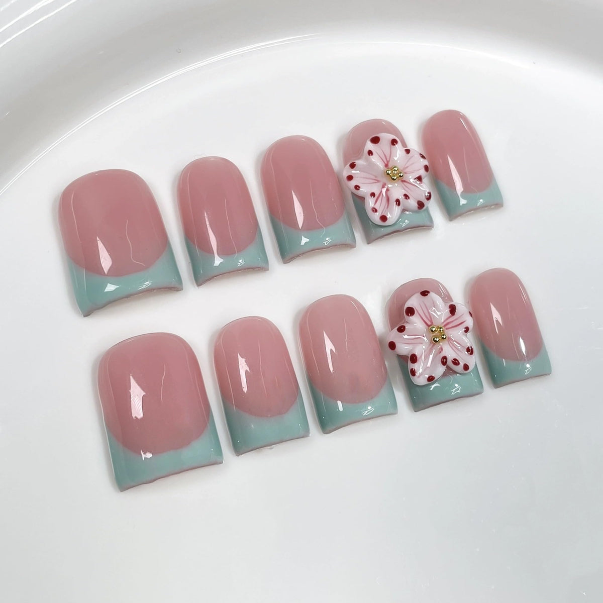 Luxury Handmade Press on Nails Medium Square Fake Nails Blue French False Nails with Ombre 3D Flower Art Design Acrylic Nails Handmade Stick on Nail for Women Manicure 10Pcs (Size M)