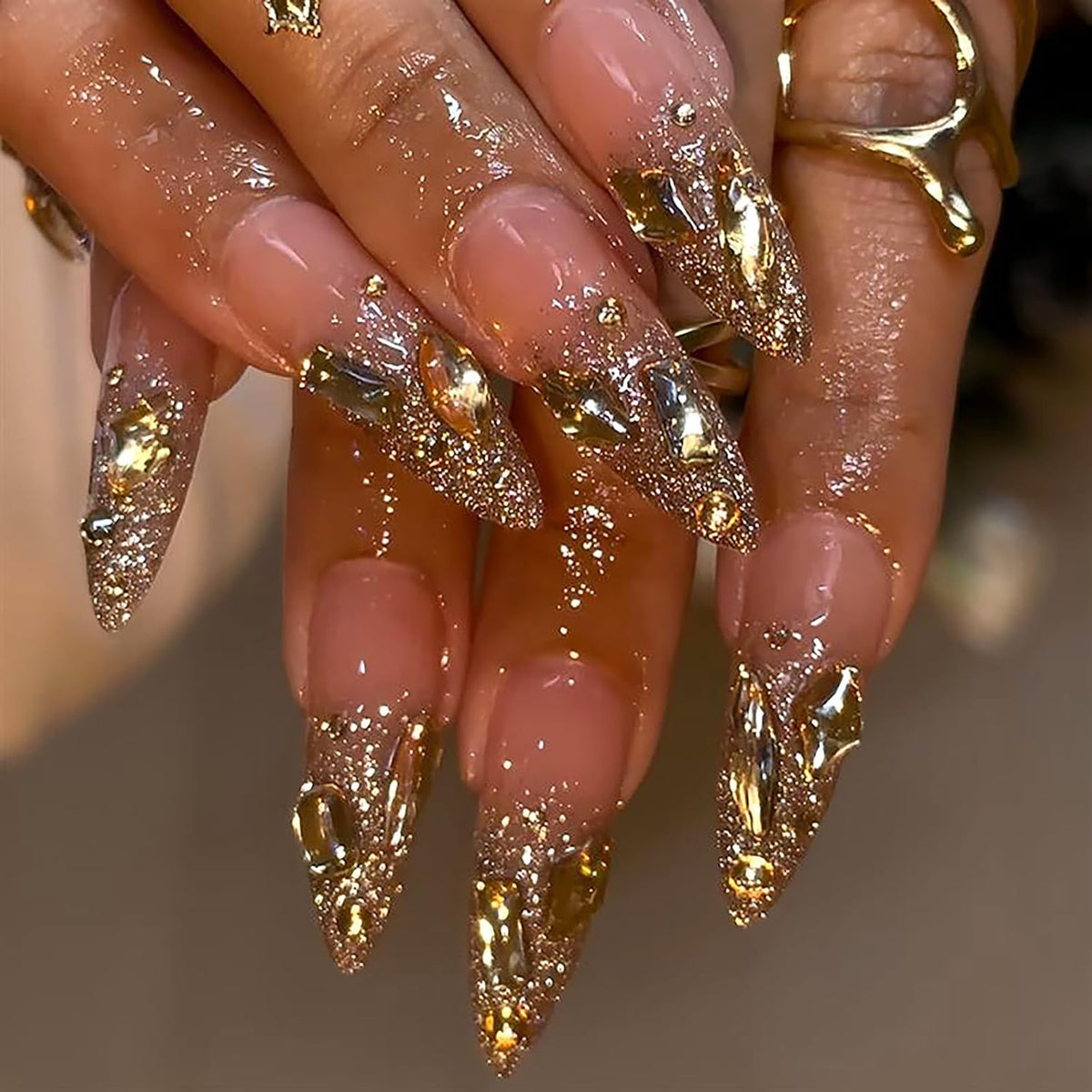 HOSAILY Long Almond Gold Glitter Press On Nails - Luxury French Shimmer Diamond Design, Holiday Party & Wedding False Nail, 24PCS Full Cover Gel Nail for Women- Autumn to New Year’s Elegance