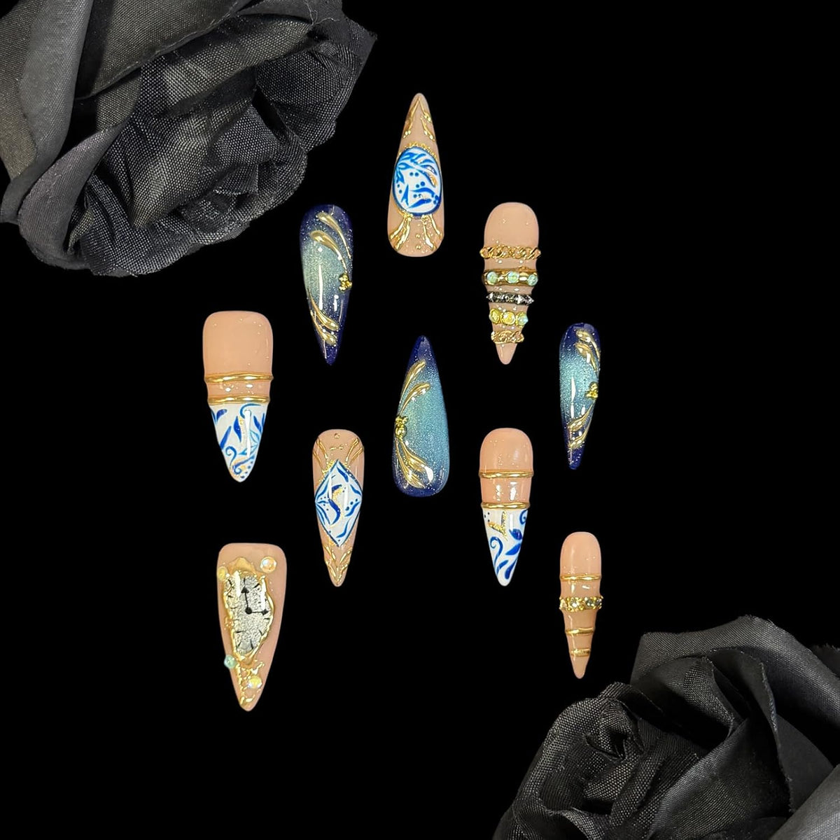 Handmade Press On Nails Ring Jewelry Inspired Navy Blue (L)