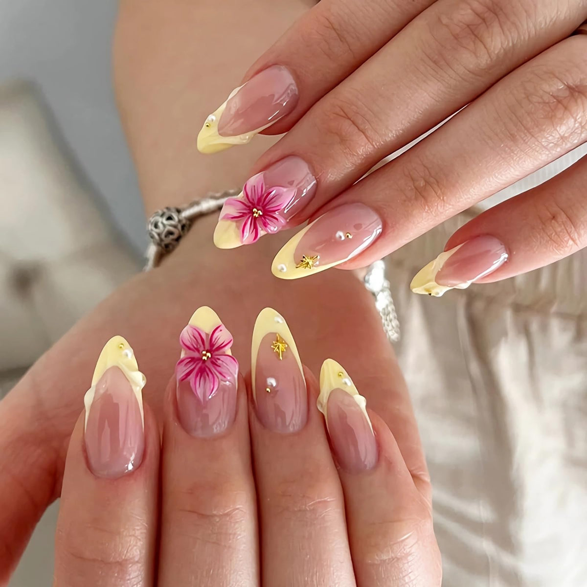 BABALAL Press On Nails - Medium Almond Fake Nails, Pink White Gradient, Rhinestone Gold Bangle, Glossy Coquette Wedding Bridal Glue On Nails 24Pcs
