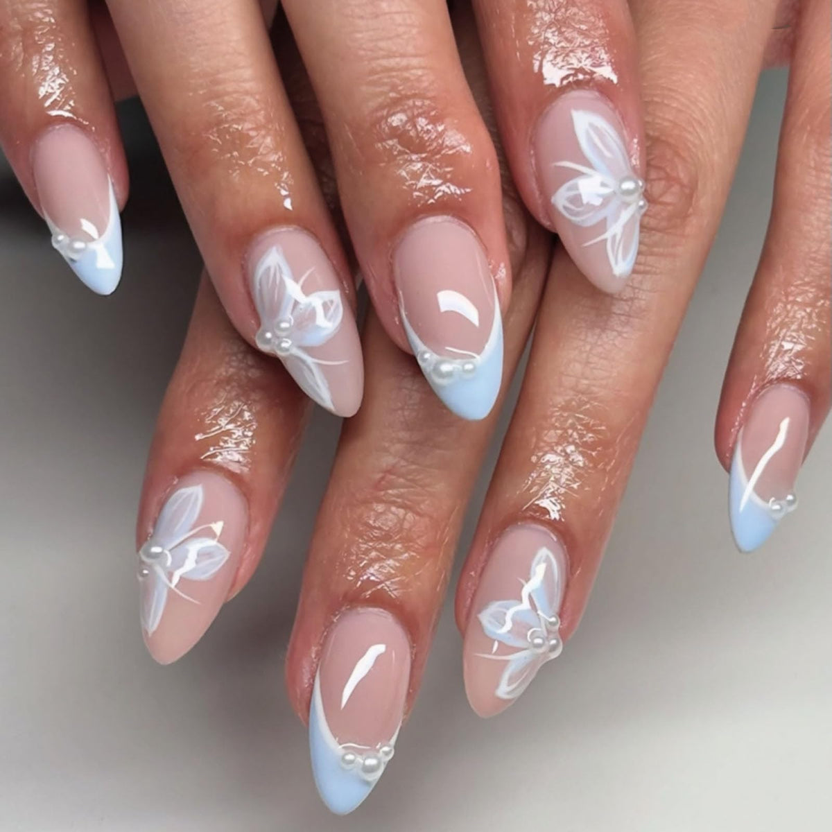 White French Tip Press on Nails Almond Medium Fake Nails with Silver Glitter Designs Nails Press ons Nude Glue on Nails Glossy Acrylic Nails Simple Stick on Nails for Women 24Pcs