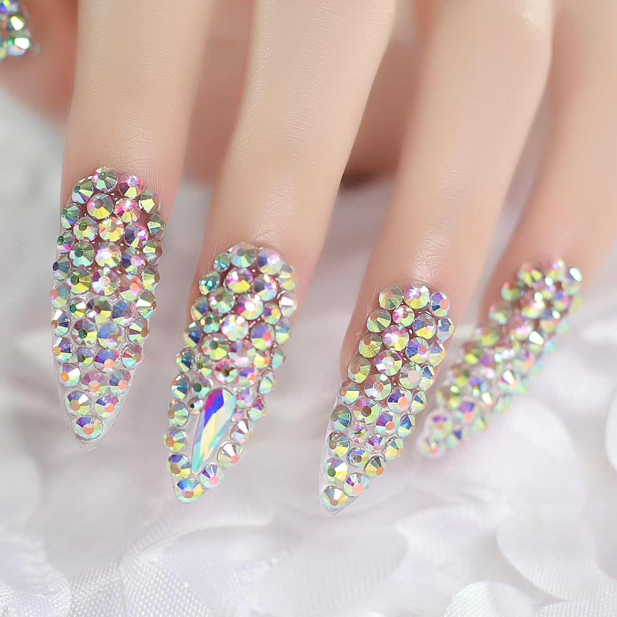 Elevenail Handmade Press on Nails Full Cover Luxurious 3D Crystal False Nails Super Extra Long Stiletto Diamonds Art Decoration Fake Nails Manicure Kit Nail Art Tips Gift for Women Girls Wedding Party