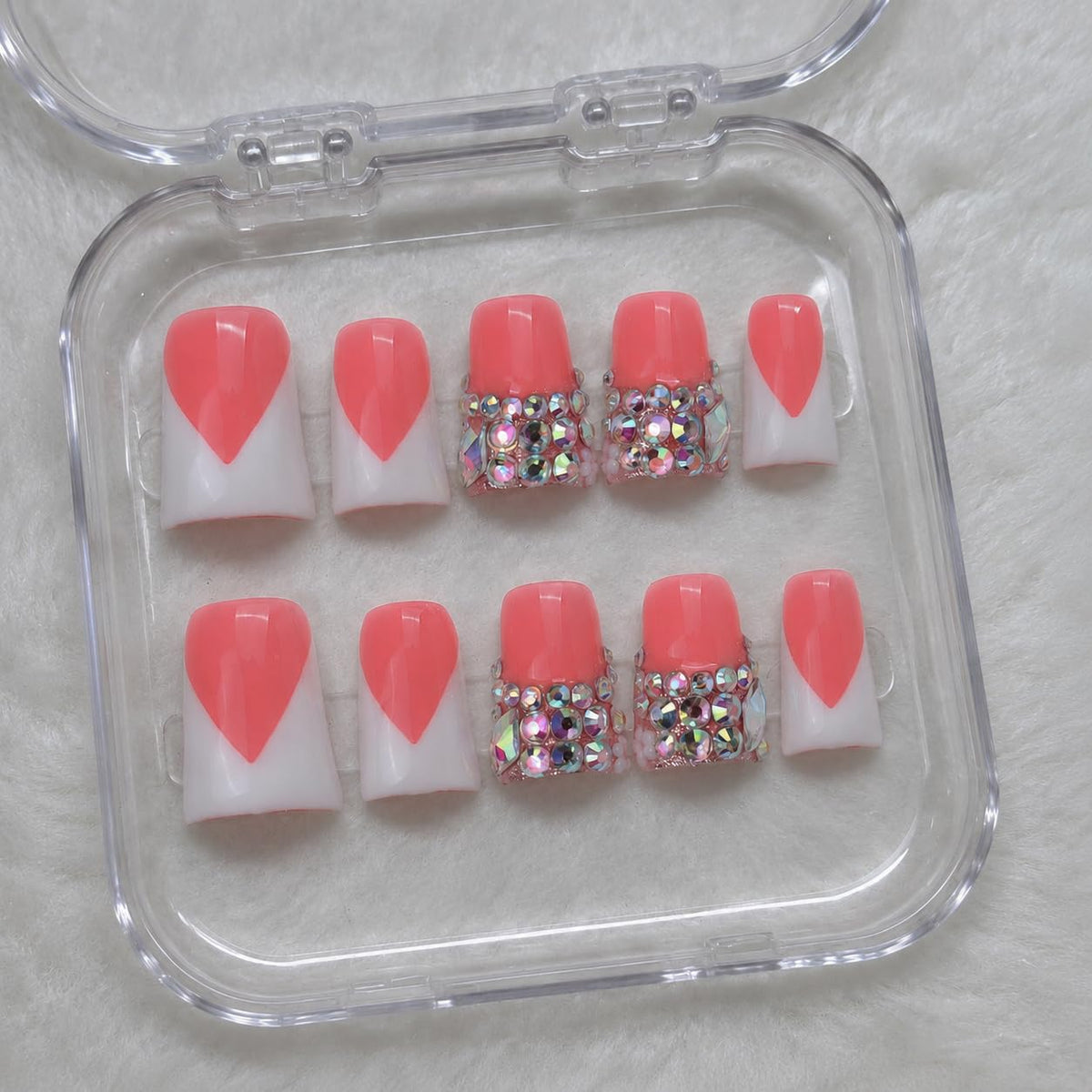 10 Pieces Luxury Acrylic Press On Nails Short Handmade Duck Nails, Pink Thickened False Nails, Rhinestone And 3D Red Lips, Reusable Fake Nails, Acrylic Nails (L)
