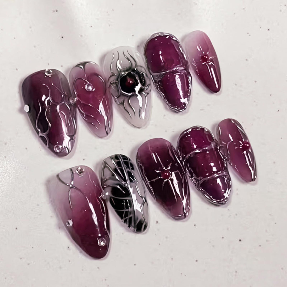 30Pcs Long Stiletto Press On Nails Gold Chrome Fake Nails with 3D Rhinestone Design Amber Gilding Nude Full Cover Acrylic Nails French Tip Glue On Nails Metal False Nails Luxury Manicure Set for Women