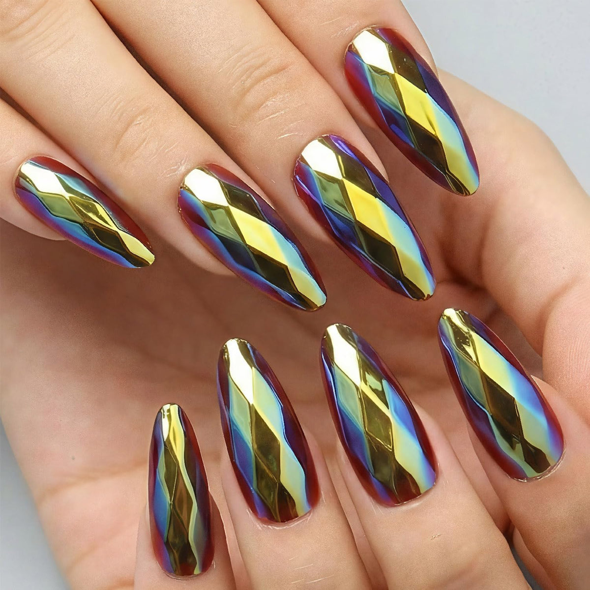 Glossy Nude Gold French Tip Press On Nails Short Almond, 30 PCS