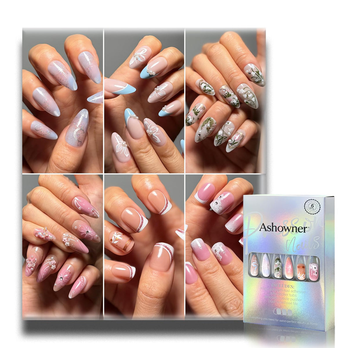 Press on Nails, 6 Packs (144 Pcs) Medium Almond Sets, Wedding French