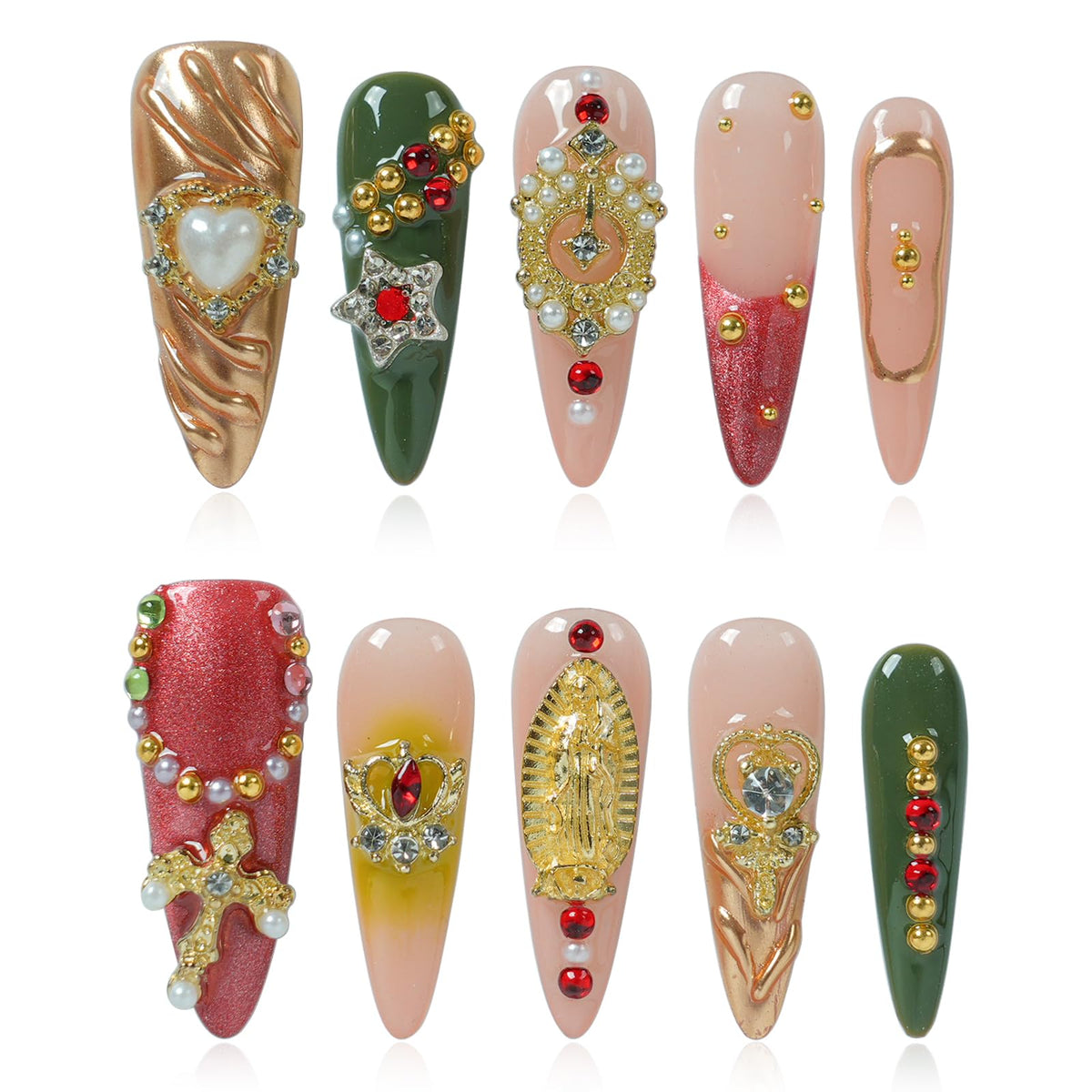 Gothic 3D Floral Press on Nails Medium Almond - Gold Cross & Rhinestone Design, Handmade Pearl Luxury Dark Romantic Reusable Nails (Orange Diamond Sweet Luxury,L)