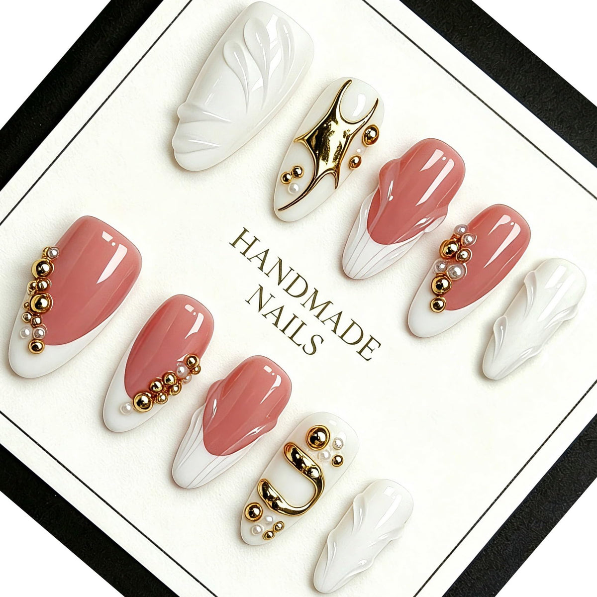 Handmade Almond Press on Nails, Abstract 3D Floral Gold, 10Pcs