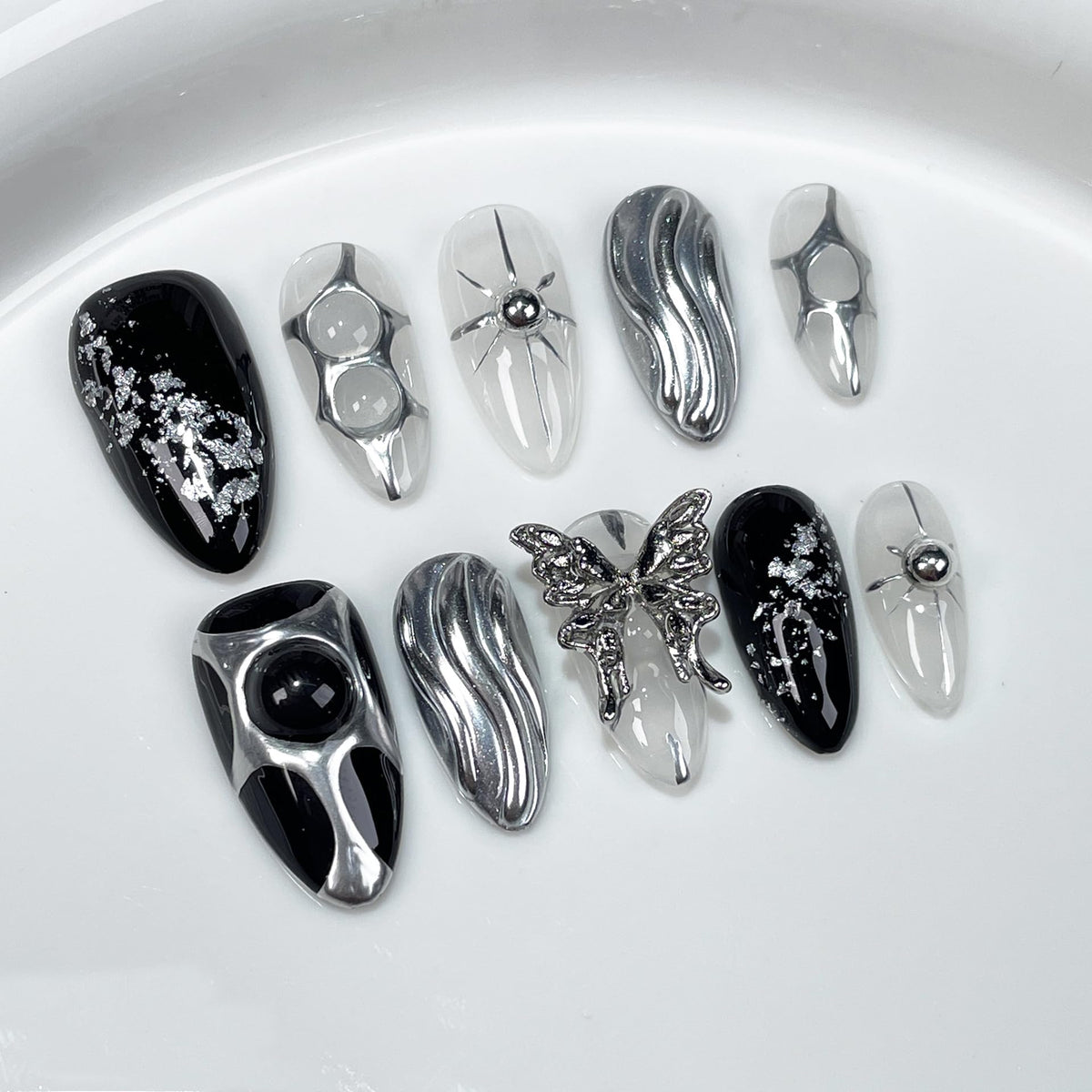 Luxury Handmade Press On Nails, Vintage Bohemian Style, Long Stiletto Shape, Crystal Heart Gems, Gold Stars Design, 10 Pieces (Large, LS)
