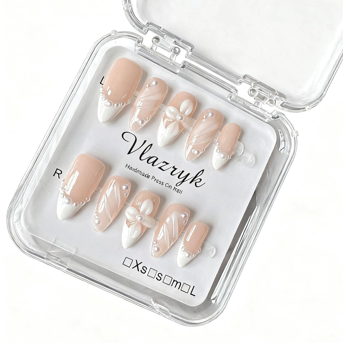 Handmade Press On Nails – Short Almond False Nails for Women, Reusable Acrylic White French Tip with Pearl & 3D Flowers Design – Salon Quality Fake Nails (10PCS Size S)