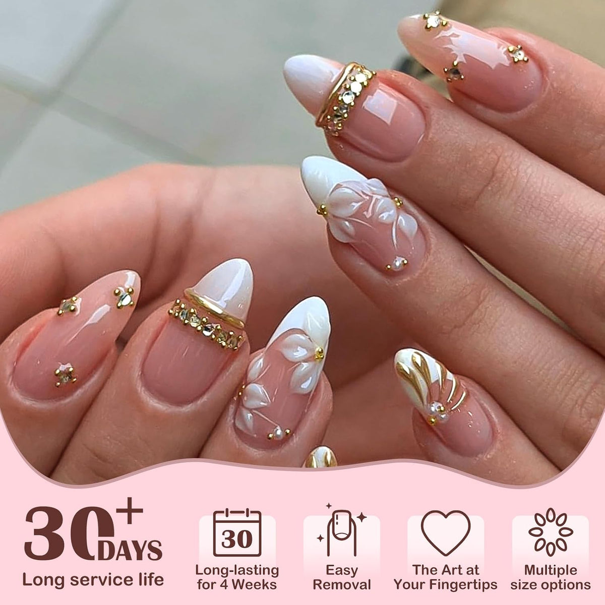 HOSAILY Medium Almond White French Tip Press on Nails 3D White Embossed Floral Designs Fake Nails Pearl Gold Glue on Nails Rhinestones Stick on Nails, 24PCS Bridal Luxury Nails for Women Daily Wedding