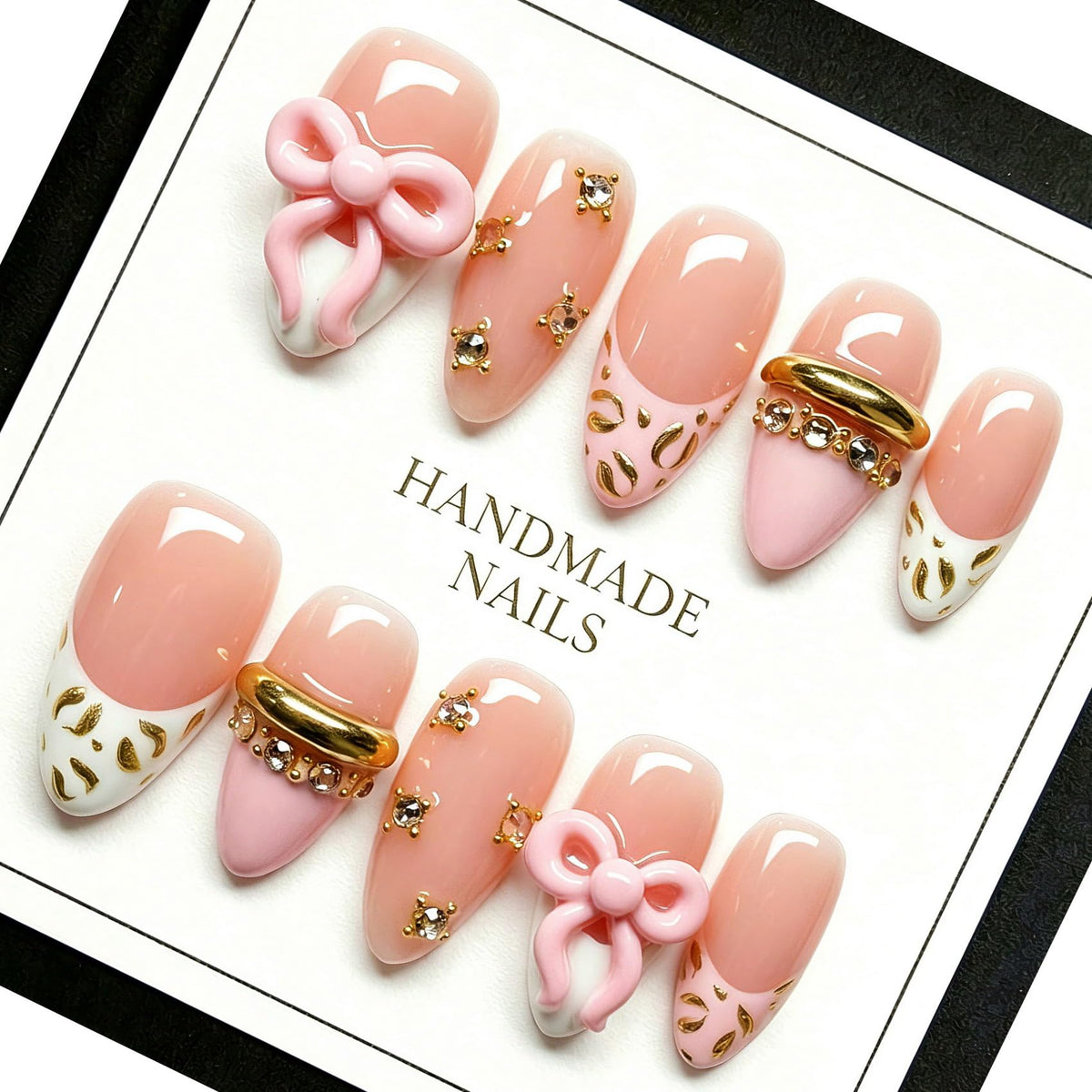 Handmade Almond Press on Nails, Abstract 3D Floral Gold, 10Pcs