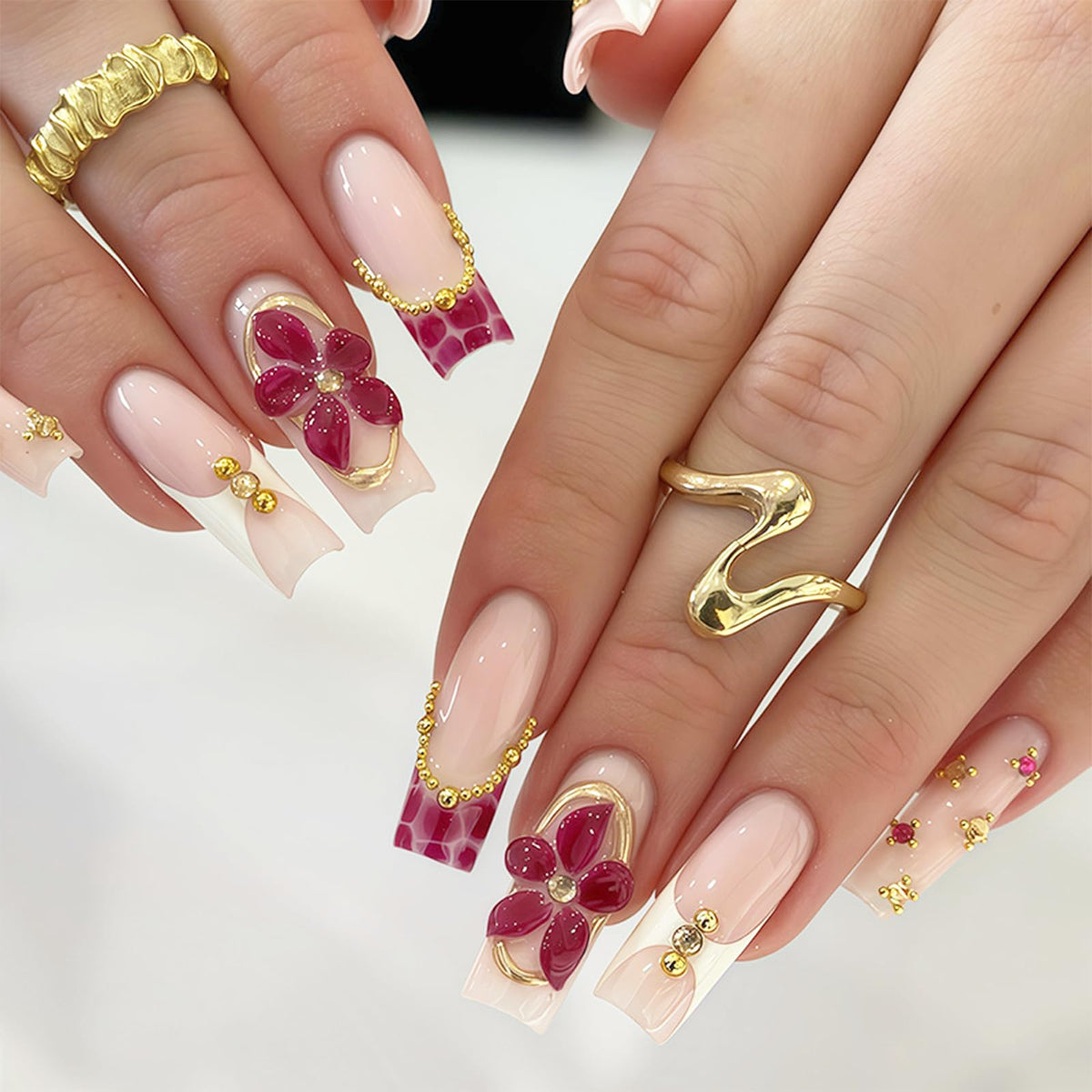 Long Square Press on Nails Bling Gold Chain & Crystal Nails,Fake Nails Artificial Stick on Nails for Women, Nude Pink Glam Prom Wedding Nails with Diamonds