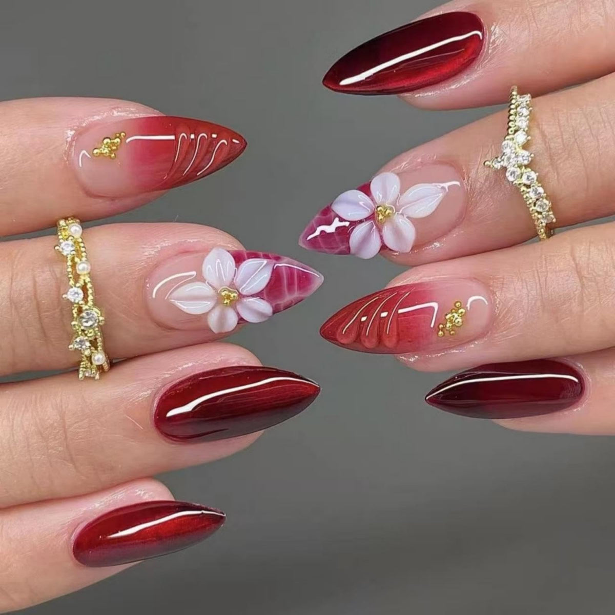 Almond Press on Nails Medium Fake Nails with 5D Metal Lines Charm Design Glossy Pink Nails Press on Curve Glue on Nails Reusable Luxury Silver Beads Acrylic Nail for Women 24Pcs