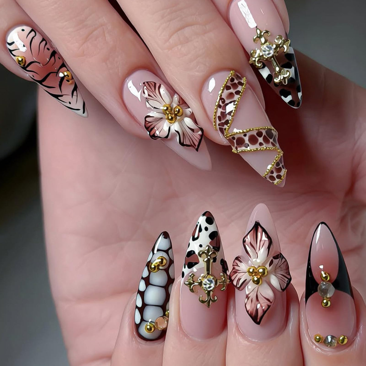 IMRAIN Medium Almond Silver Glitter French Tips False Nails with Rhinestone Designs - Glossy Full Cover Glue on Artificial Stiletto Nude Nails for Women Girls - 24 Pcs
