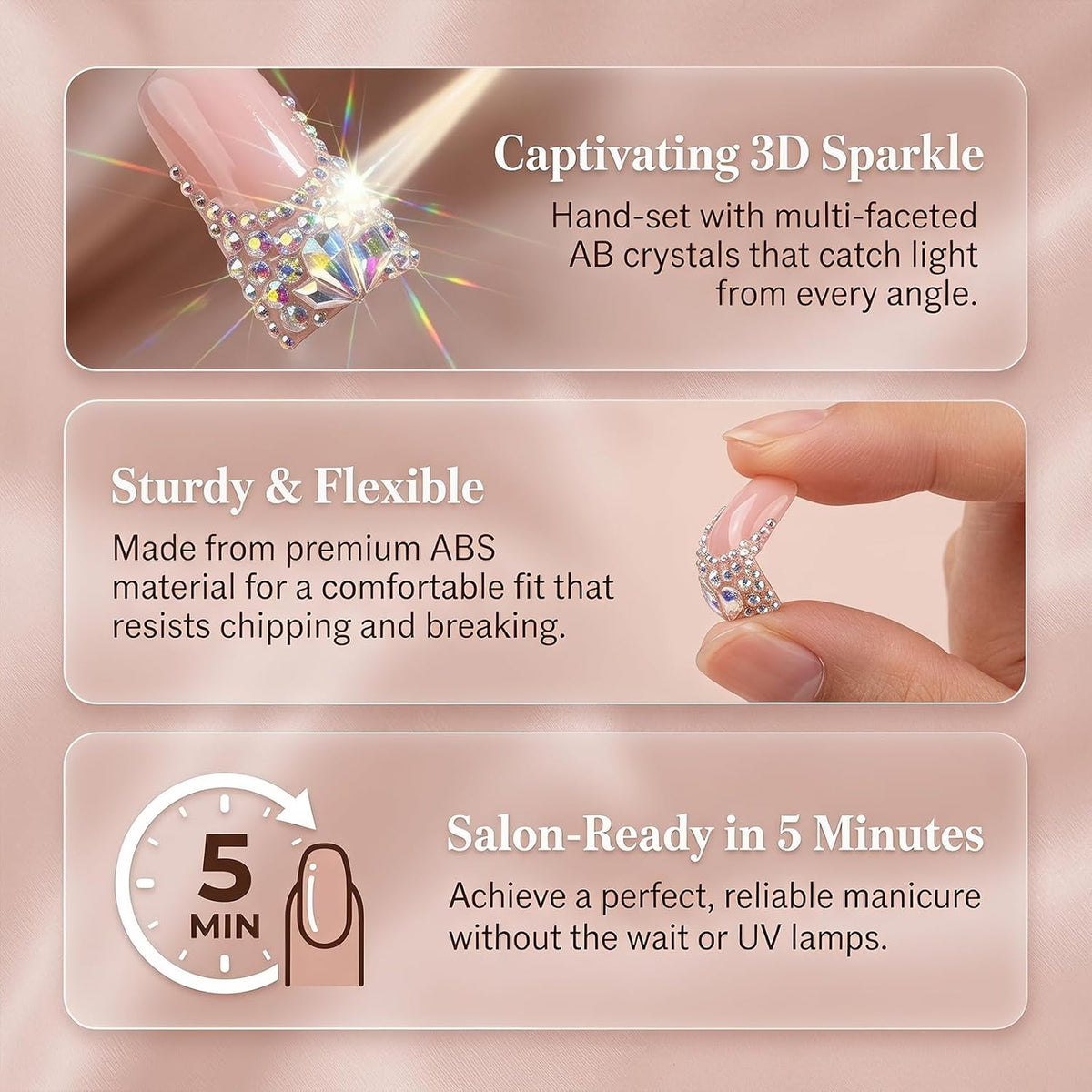 Handmade Long Duck Press on Nails - Luxury Crystal French Tip False Nails with Rhinestones, Diamond Jelly Pink Fake Nails, 10 Pack Gel Nails for Women (Size M)