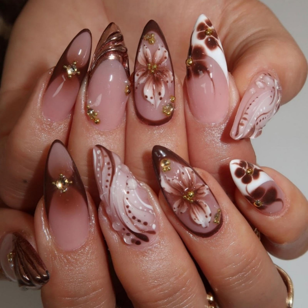 Almond Press on Nails Medium Fake Nails with 5D Metal Lines Charm Design Glossy Pink Nails Press on Curve Glue on Nails Reusable Luxury Silver Beads Acrylic Nail for Women 24Pcs