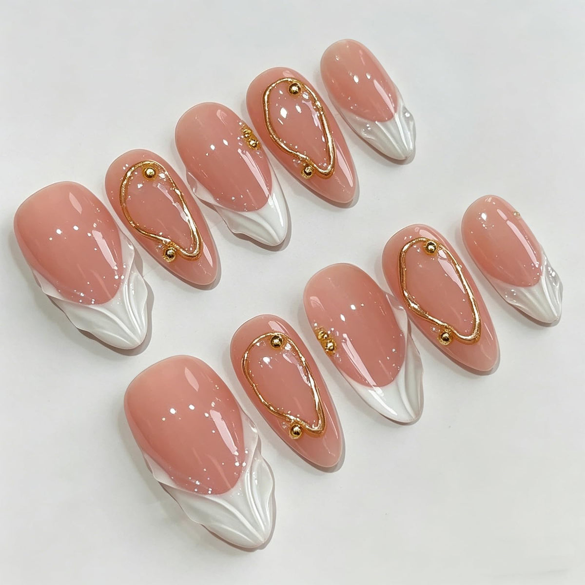 Handmade Almond Press on Nails Medium, Nude White French Tip Fake Nails with 3D White Flower Gold Metal Lines Pearl Decor, Glossy Reusable Full Cover False Nails for Women Wedding Daily(S)