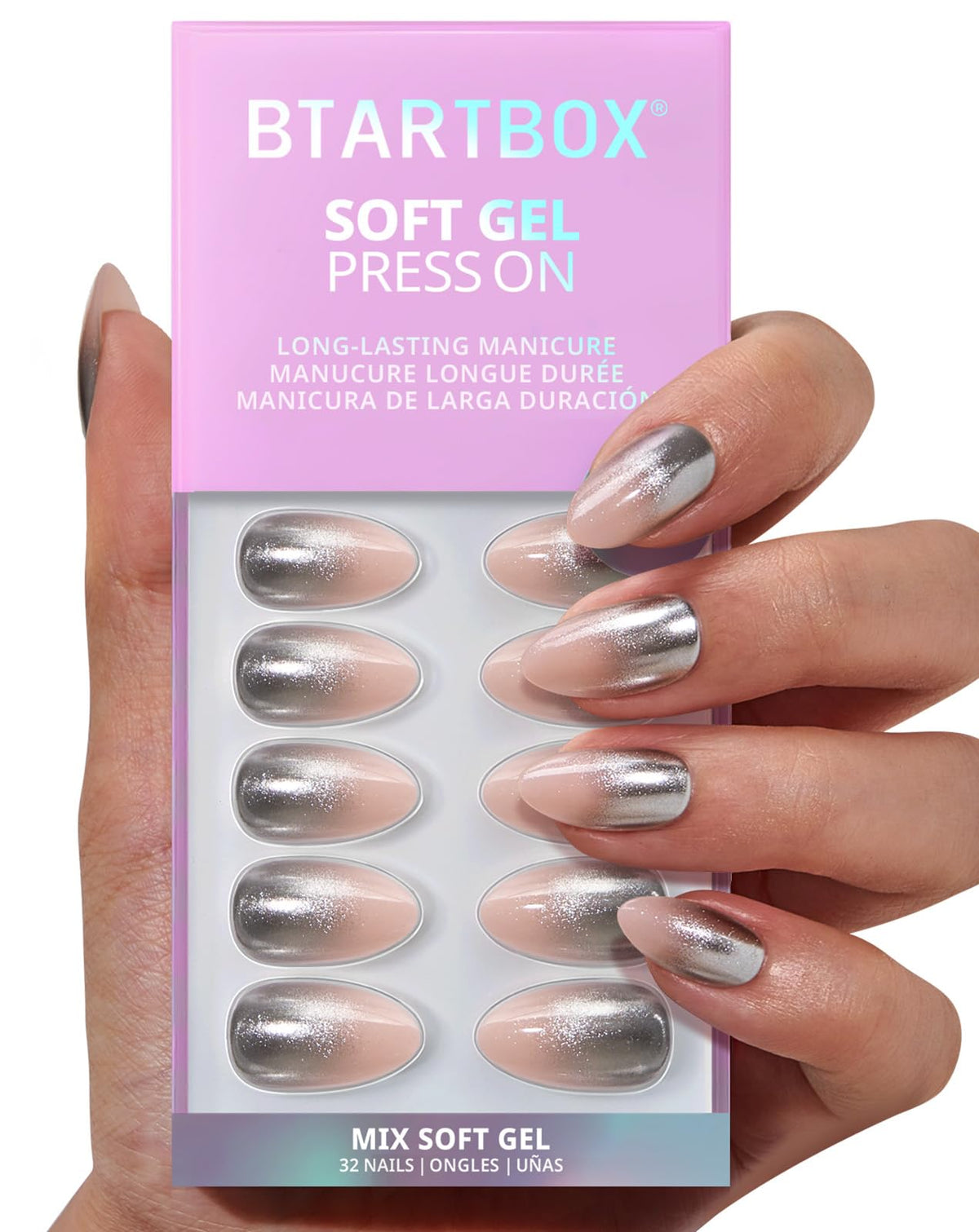 BTArtbox Press On Nails, Short Almond French Tip Nails, 32 Pcs Full Kit