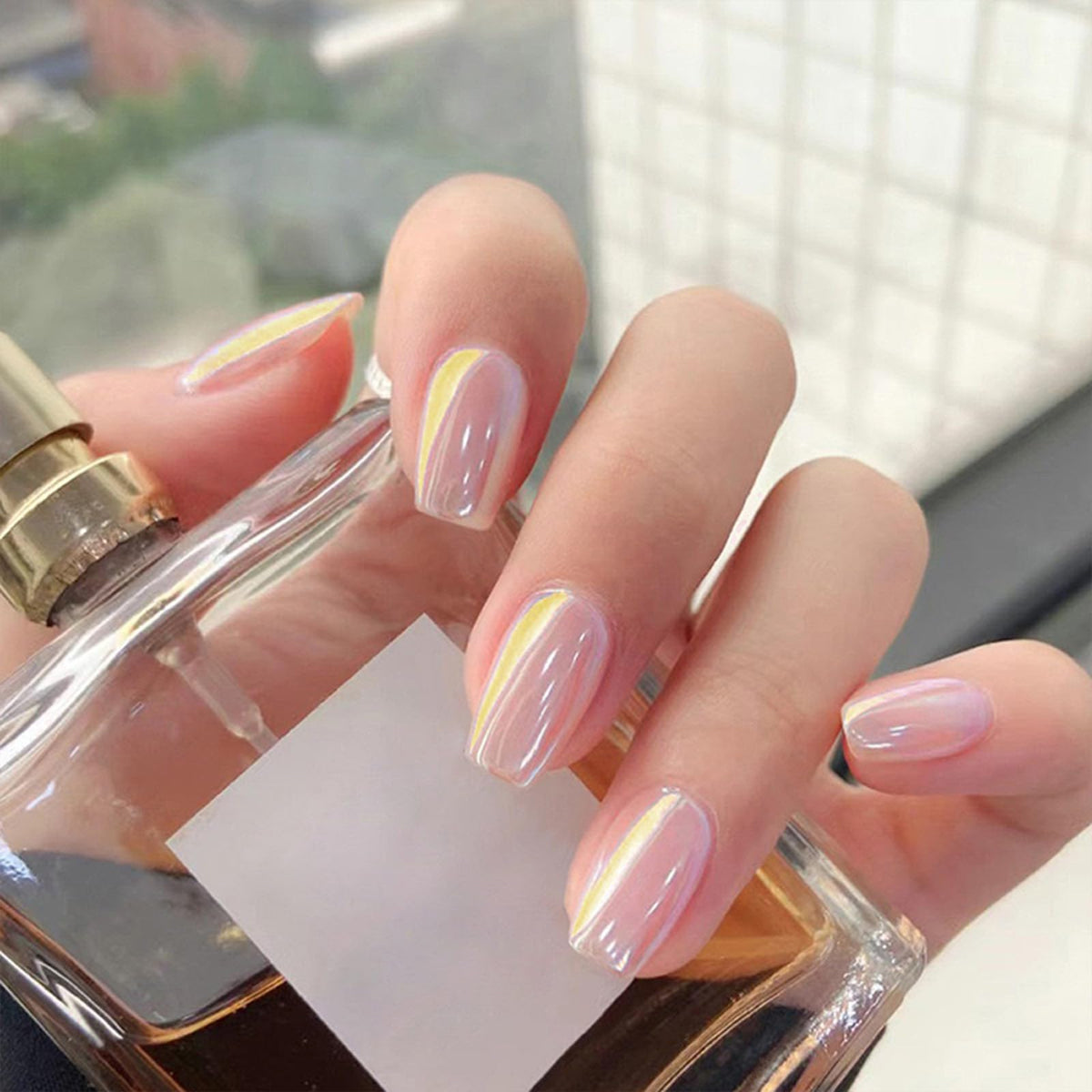 Medium Square Press On Gold Foil False Nails - French Tip, White Tip, Glitter Acrylic - 24 Pcs
