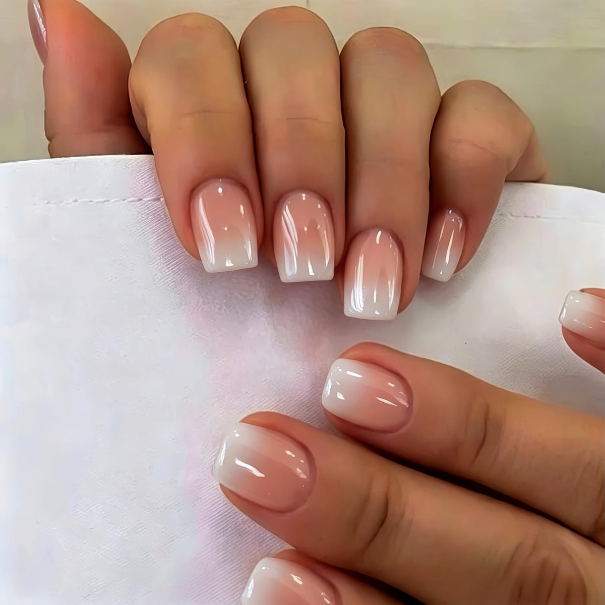 White French Tip Press On Nails Almond - KQueenest Chrome Press On Nails Medium, Glazed Natural Light Nude Fake Nails Press on, Reusable Glue on Nails Stick On Nail for Women Bridal Wedding