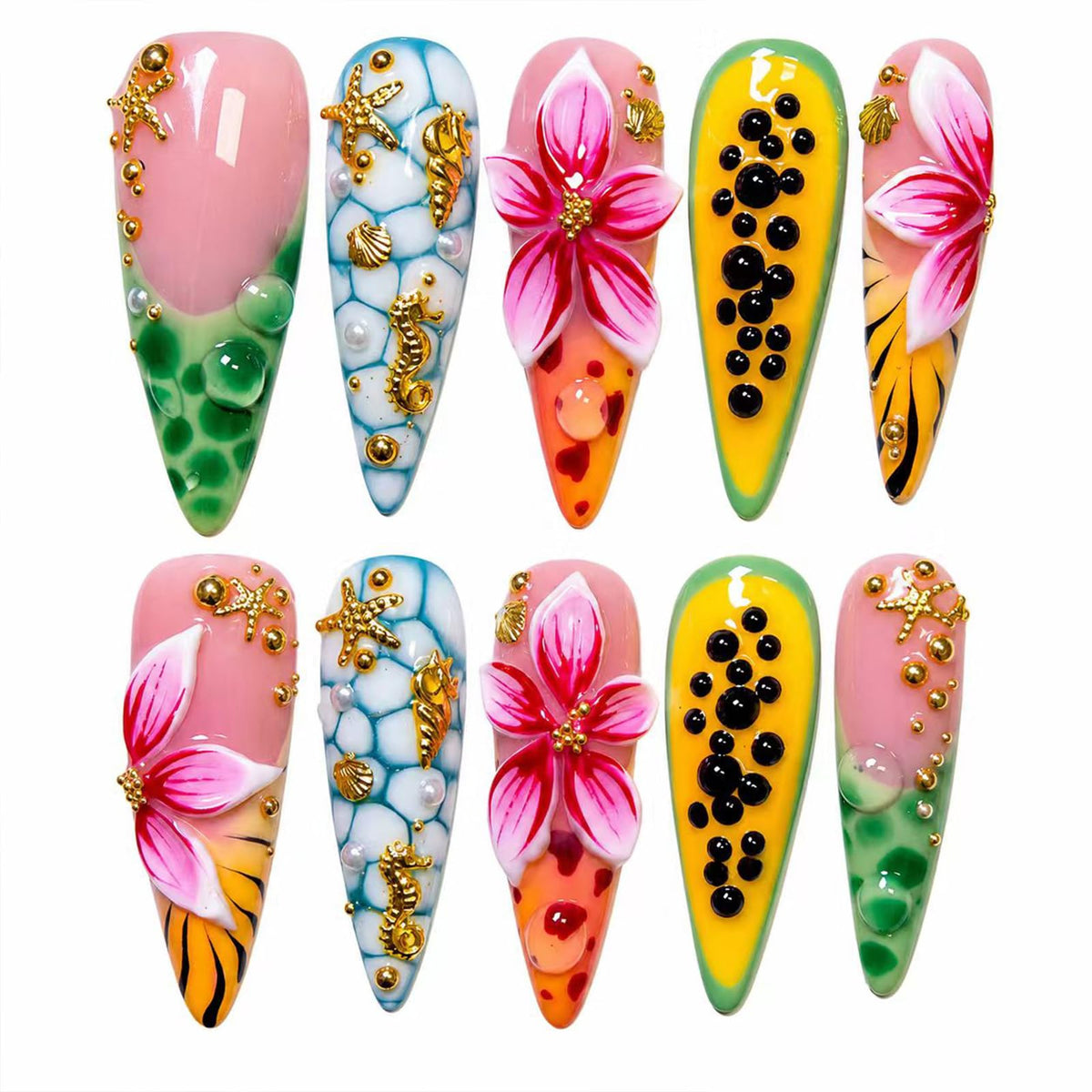 Handmade Press on Nails Long Stiletto - Liquid Gold Abstract Acrylic Fake Nails with Blue Shimmer & Colorful Gems, Luxury Reusable False Nails 10 pcs (Size M)