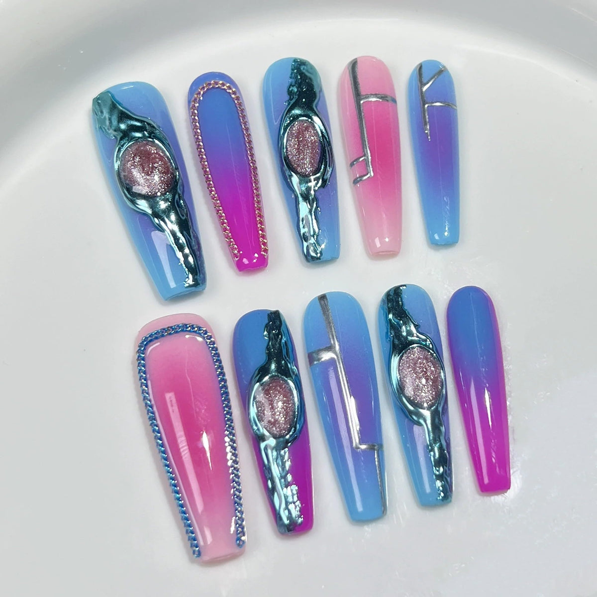 Luxury Handmade Press on Nails Long Coffin Fake Nails Rhinestone Crystal Full Cover False Nails with Glue with Designs Sparkly Long Acrylic Nail Reusable Stick on Nail for Women 10Pcs(Size M)