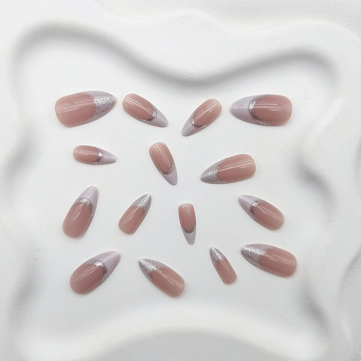 White French Tip Press on Nails Almond Medium Fake Nails with Silver Glitter Designs Nails Press ons Nude Glue on Nails Glossy Acrylic Nails Simple Stick on Nails for Women 24Pcs