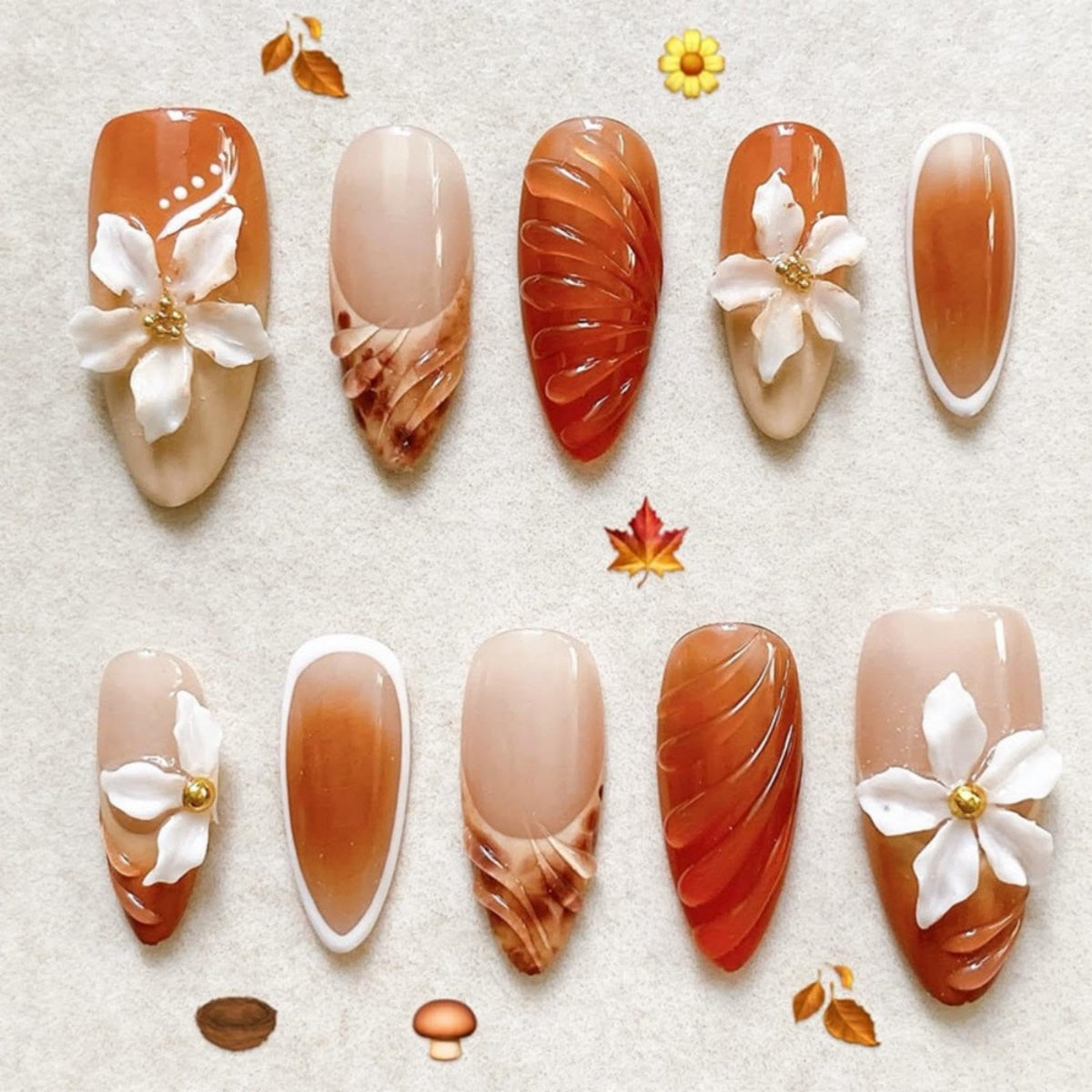 3D Handmade Pink Flower Press on Nails Blue French Tip Almond Fake Nails with Gold Metal Charms Luxury Reusable Full Cover Pink Acrylic Nails Press on for Women 24Pcs