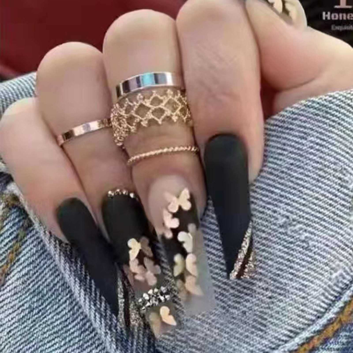 Long Press on Nails Square French Fake Nails Full Cover Nude Acrylic False Nails for Women and Girls 24PCS (Gold Shiny)