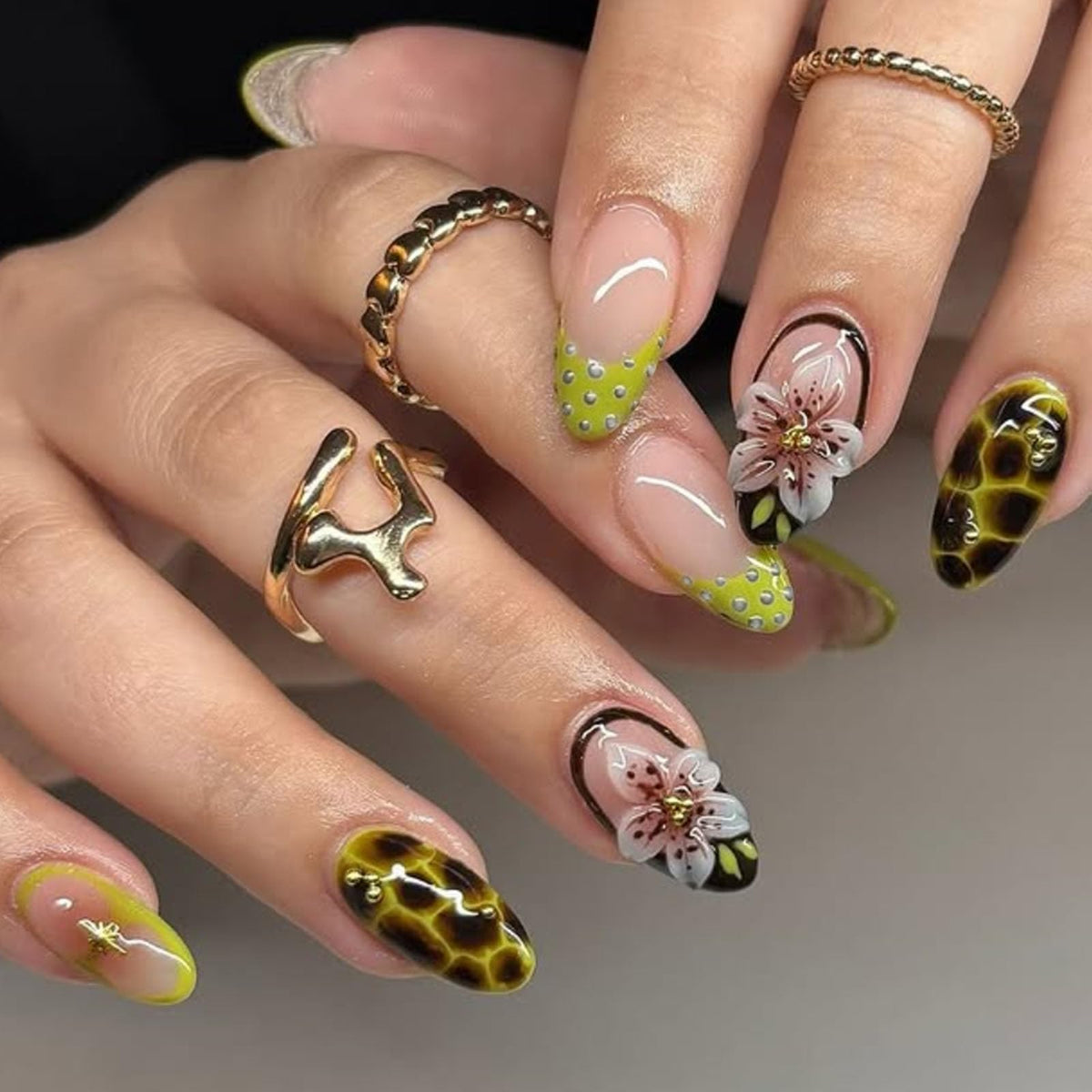 Spring Press on Nails Almond Medium Fake Nails with White Flower Designs French Tip Nails Press ons Light Green False Nails Glossy Glue on Nails Acrylic Nails Nude Stick on Nails for Women 24Pcs