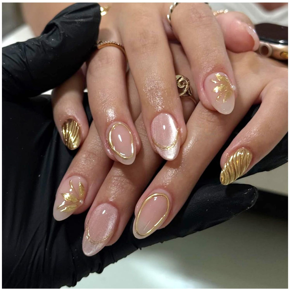 Black French Tip Press On Nails Almond Stiletto, Nude Glossy Fake Nails