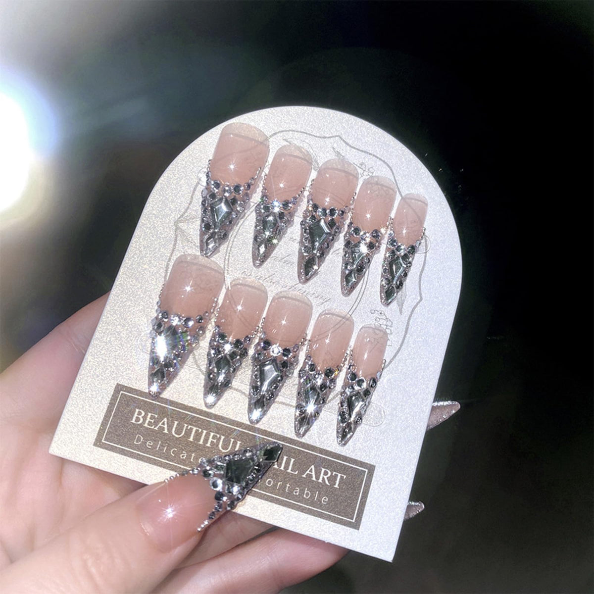 SINHOT Luxury Press on Nails - Long Coffin Fake Nails 3D Handmade Cute Pink Reusable False Nails with Rhinestone Designs,DIY Artificial Nail Art, 24pcs