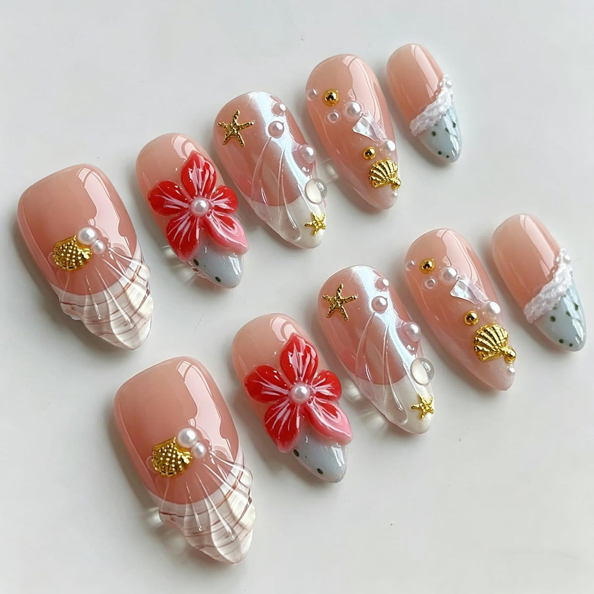 Handmade Almond Press on Nails Medium, Nude White French Tip Fake Nails with 3D White Flower Gold Metal Lines Pearl Decor, Glossy Reusable Full Cover False Nails for Women Wedding Daily(S)