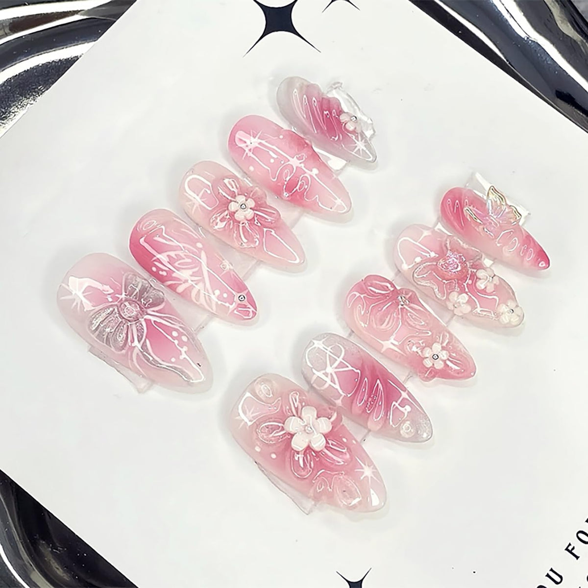 24Pcs Flower Press on Nails Medium Almond Fake Nails with Bow Rhinestones Designs Pink Acrylic Nails Glitter Glue on Nails Cute Floral False Nail Rose Flowers Stick on Nail for Women Nail Supplies