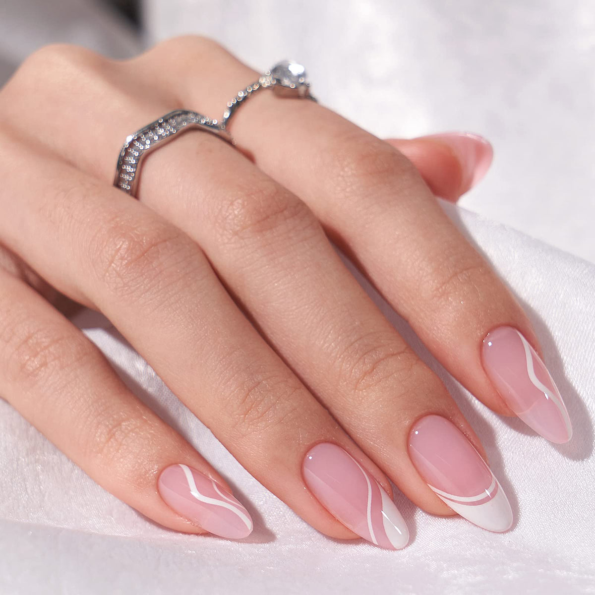 BTArtbox Press On Nails, Short Almond White Fake Nails, 32Pcs Full Kit
