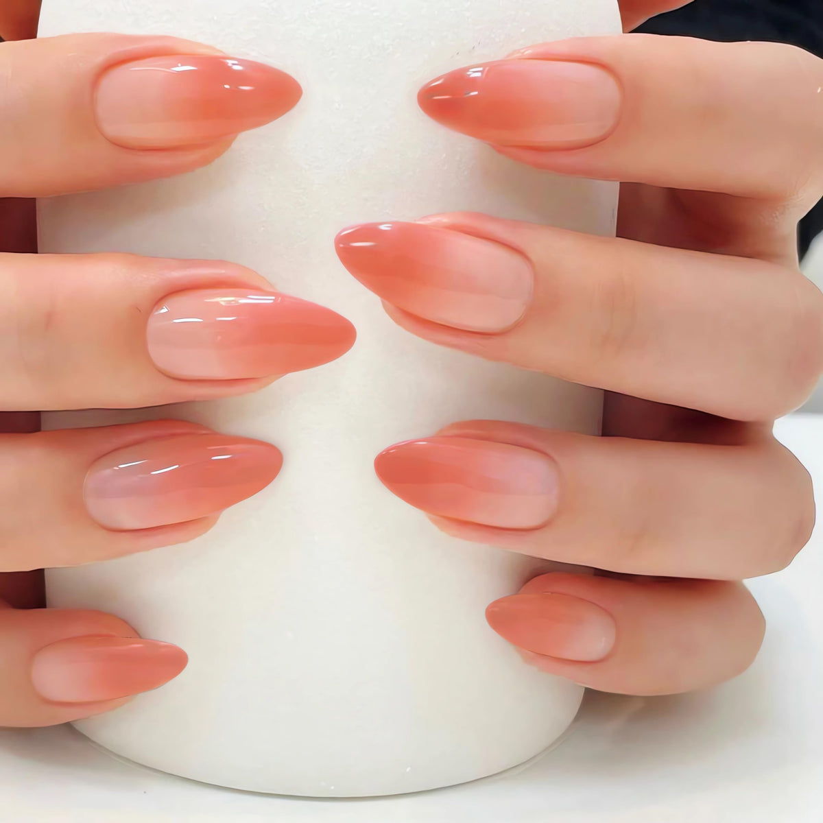 Qsnidy Press on Nails Almond, Ombre Nude to White, Glossy Fake Nails