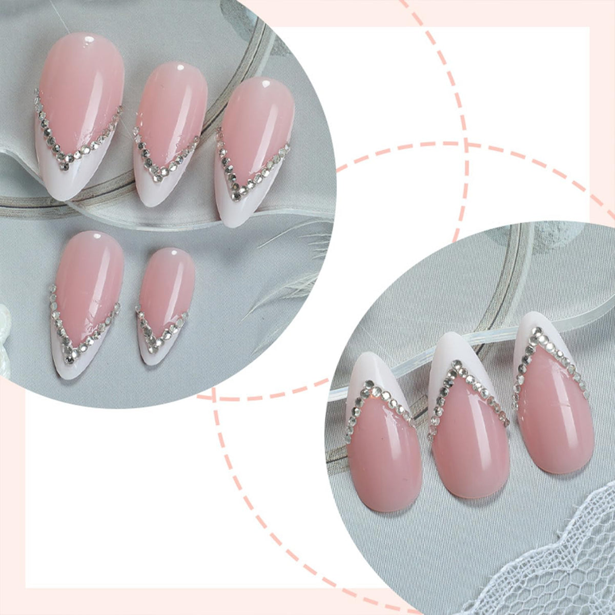 Tyuimhx White French Tip Press on Nails Medium Almond Fake Nail Rhinestones False Nails Glossy Full Cover Stick on Nail Acrylic Artificial Glue on Nail for Women 24 Pcs