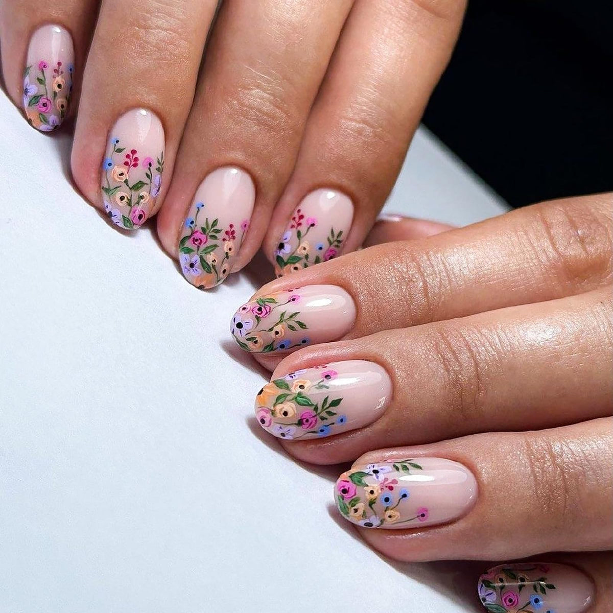 Almond Press on Nails Medium, Handmade White French Tip 3D Nude Fake Nails with Pearl Flower Leaf, Reusable Acrylic Stick On Nails for Women Wedding Bridal Party 24Pcs